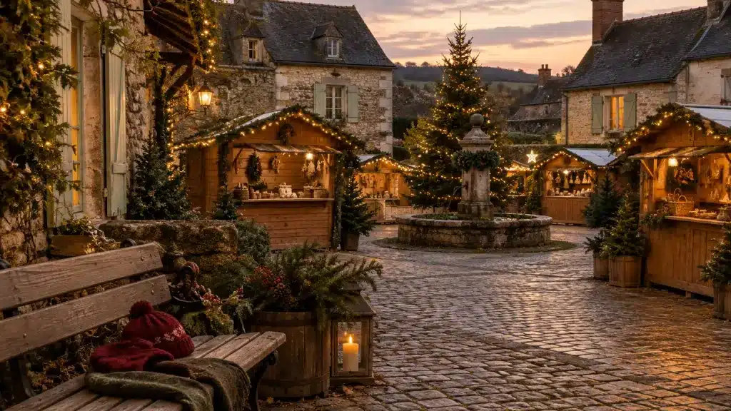 Chalets de marché de Noël illuminés sur une place de ville du bocage vendéen