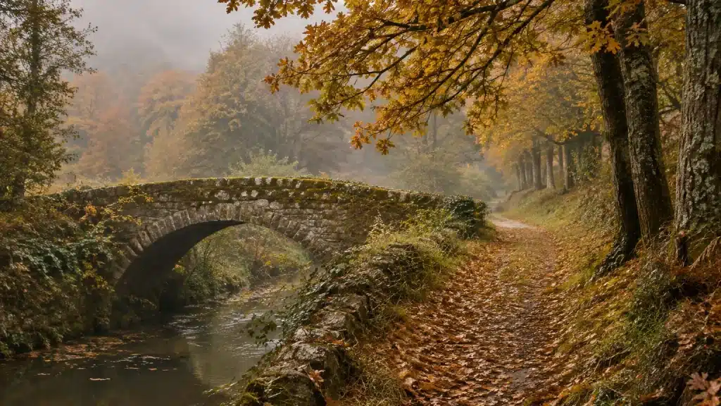 Chemin de forêt vendéenne aux feuilles dorées dans la brume