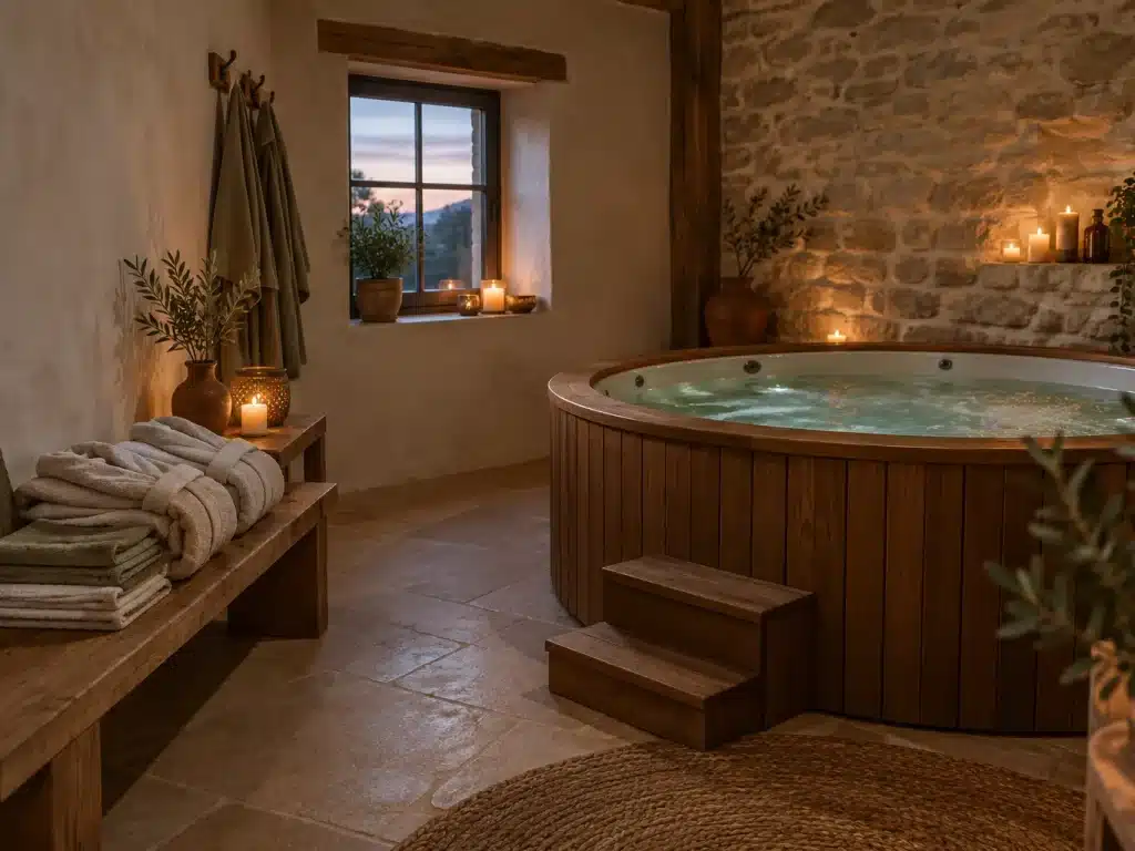 Coin spa d'un gîte avec jacuzzi, serviettes pliées et bancs en bois