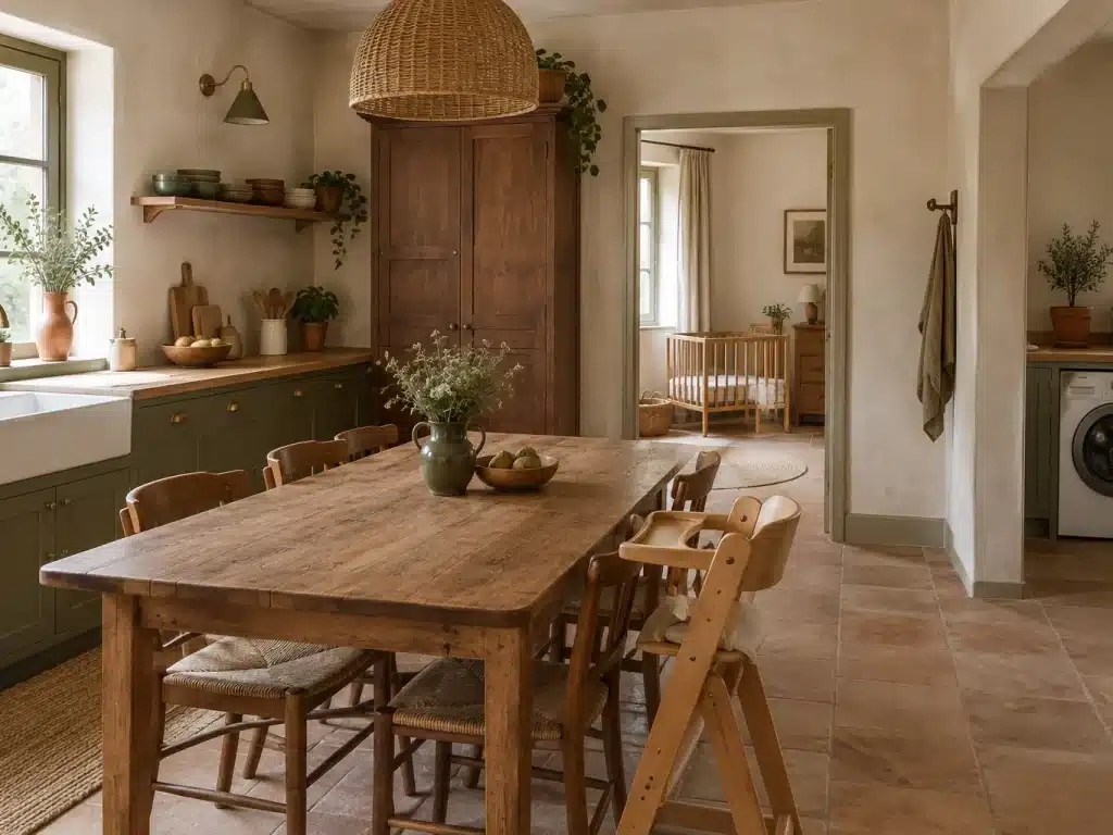 Cuisine de gîte avec grande table, chaise haute et lit bébé dans la pièce voisine