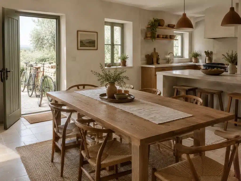Cuisine et grande table en bois d'un gîte lumineux avec vélos devant l'entrée