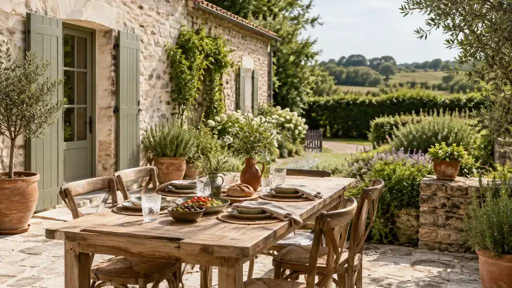 Gîte en pierre avec terrasse et table dressée dans le jardin, en Vendée