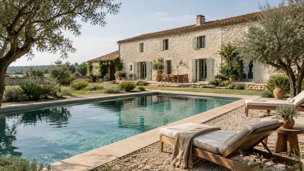 Gîte en pierre de Vendée avec piscine privée et transats au soleil