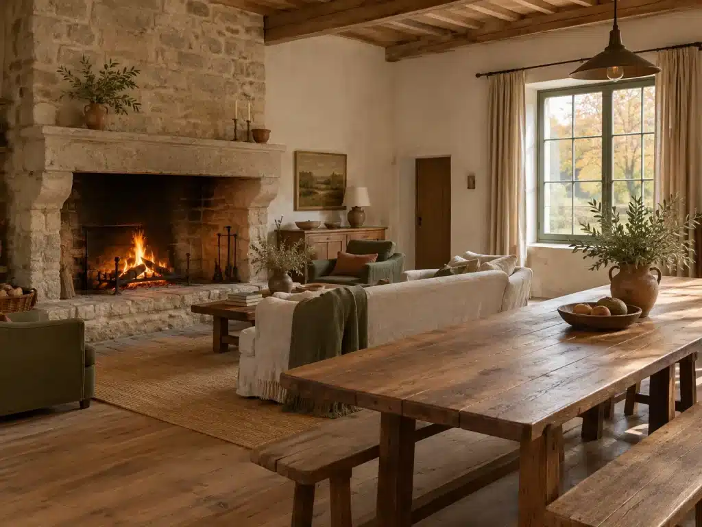 Grande cheminée allumée dans le séjour d'un gîte avec longue table en bois