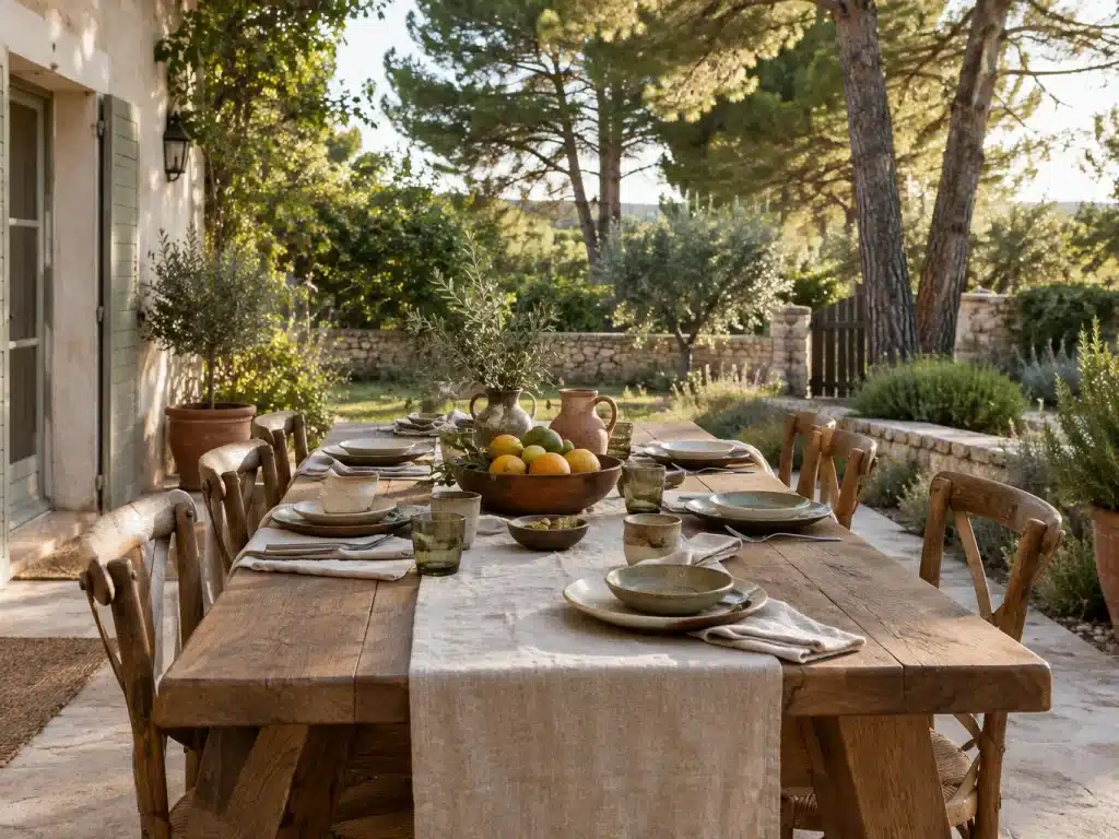 Grande table dressée sur la terrasse d'un gîte, jardin clos et pins derrière