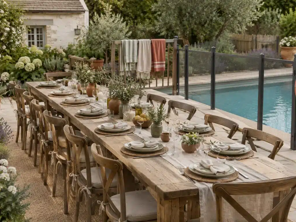 Grande table en bois près d'une piscine sécurisée avec barrière et bouée