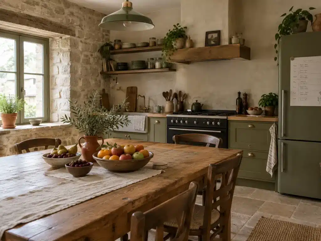 Grande table en chêne dans la cuisine d'un gîte avec corbeille de fruits