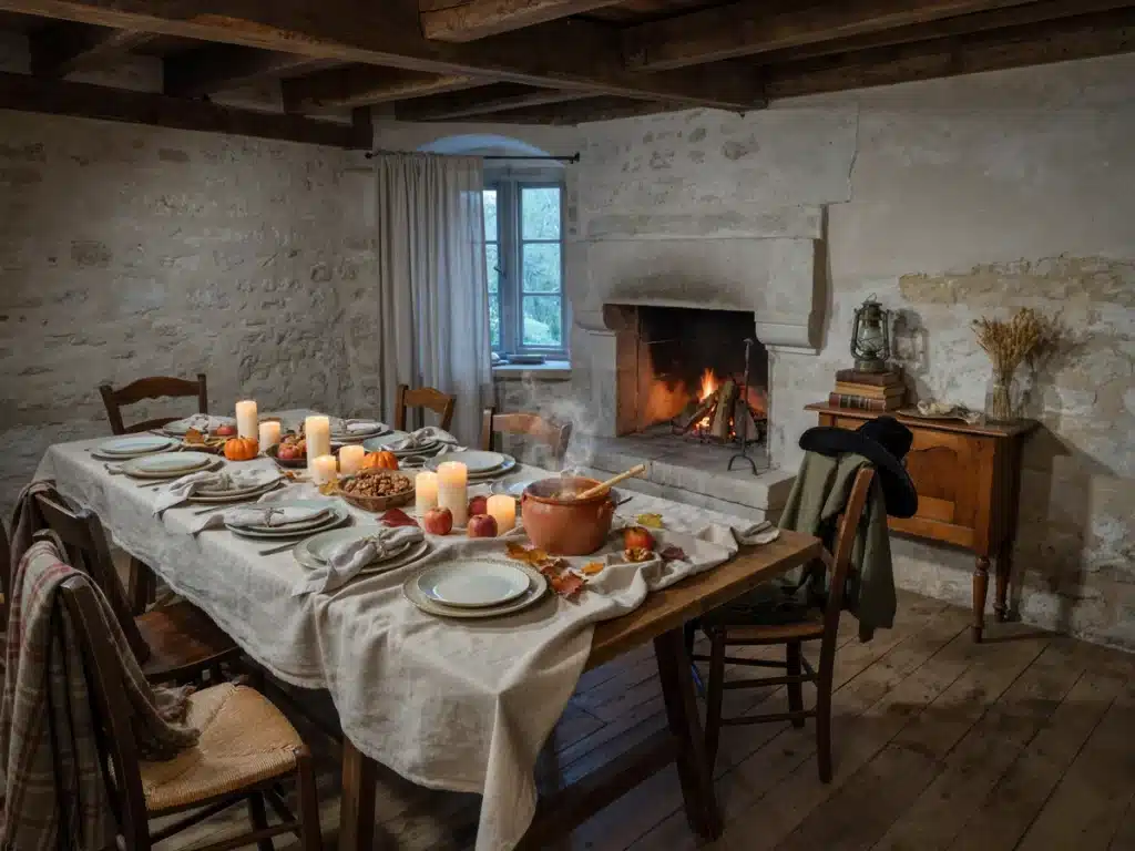 Table de gîte dressée pour une soirée d'Halloween en famille, devant la cheminée