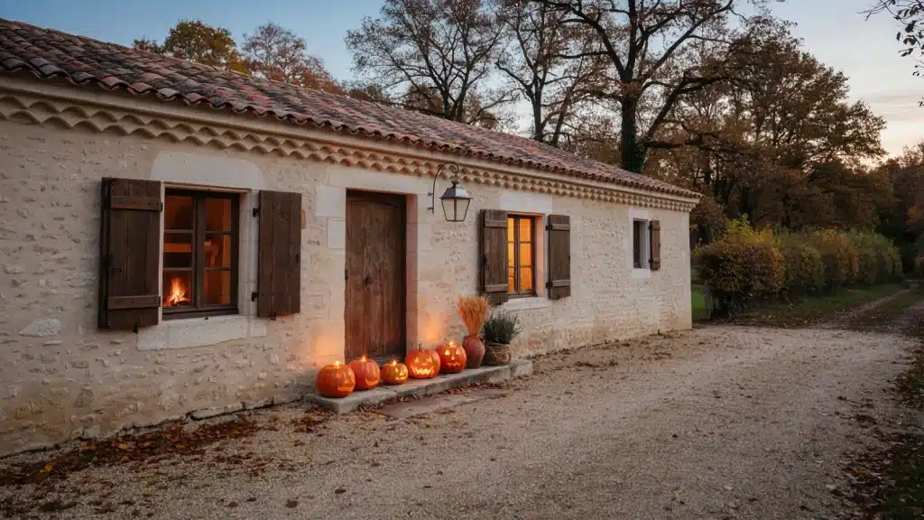 Longère vendéenne en pierre décorée de citrouilles pour Halloween, au crépuscule