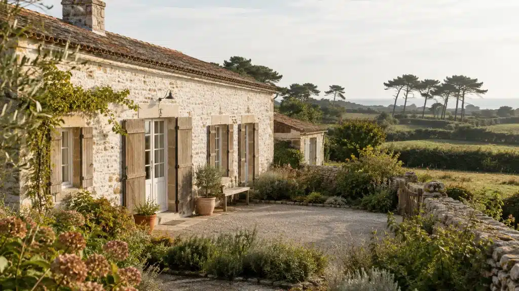 Longère en pierre au milieu du bocage vendéen, pins en arrière-plan