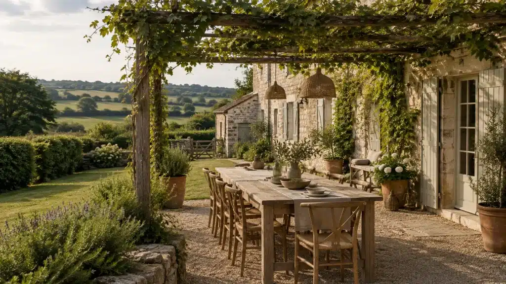 Longère en pierre avec grande table de jardin sous une pergola en Vendée