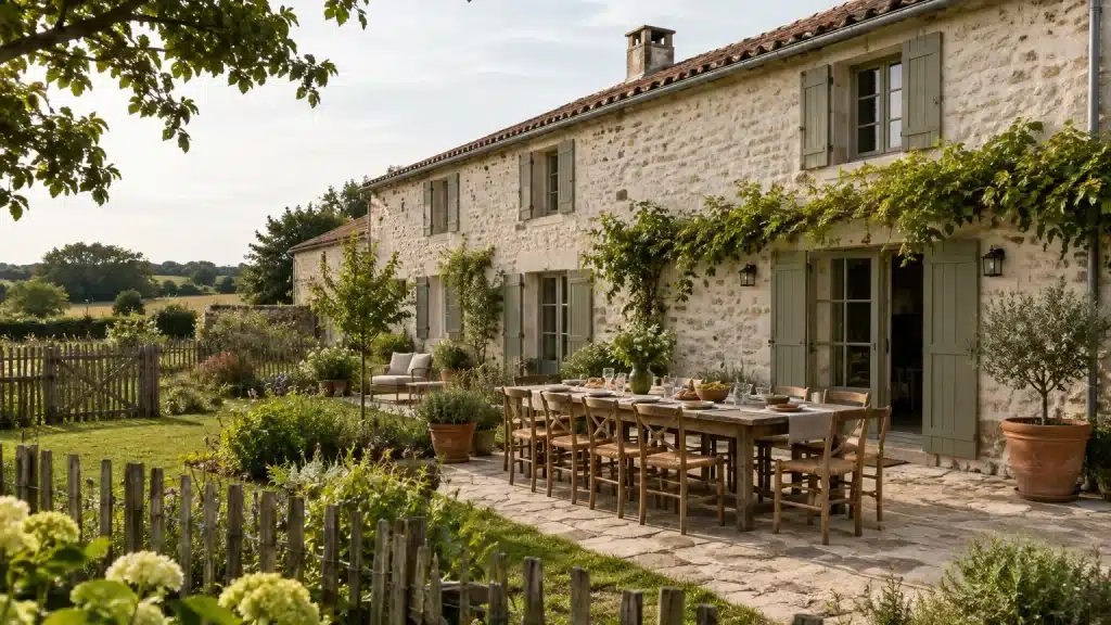 Longère en pierre avec jardin clos et grande table en terrasse en Vendée