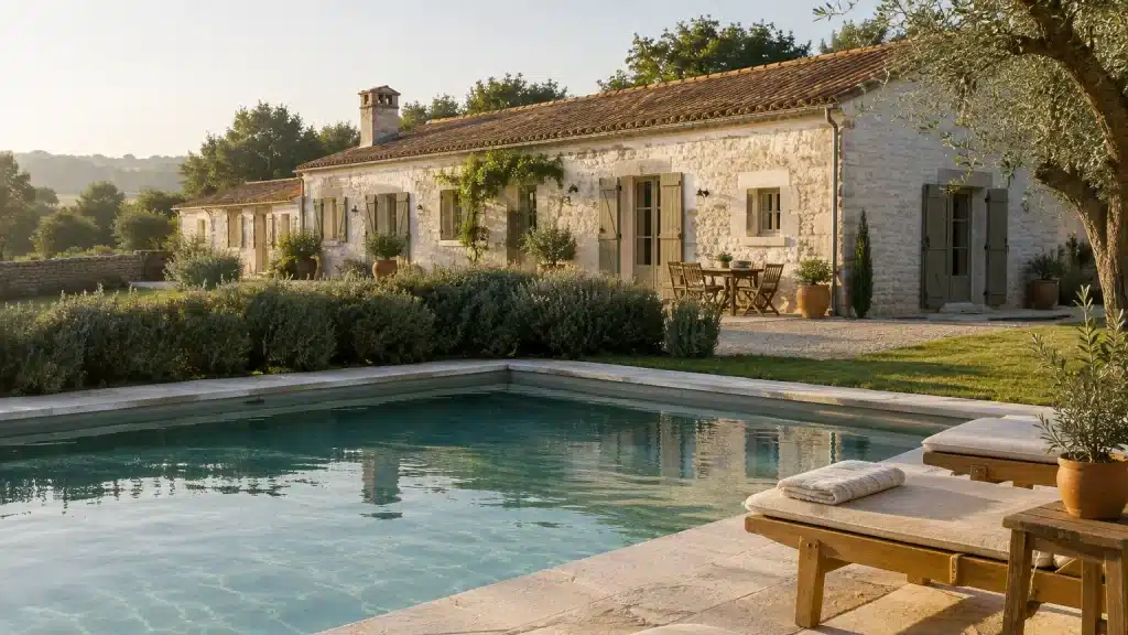 Longère en pierre avec sa piscine au petit matin dans la campagne vendéenne