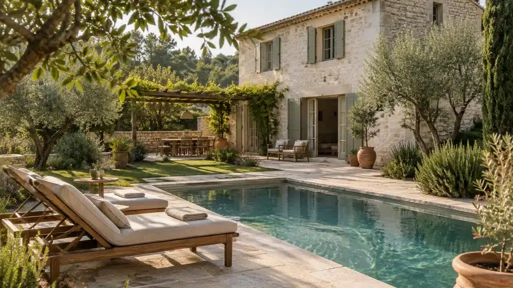 Maison en pierre avec piscine privative entourée d'un jardin vert