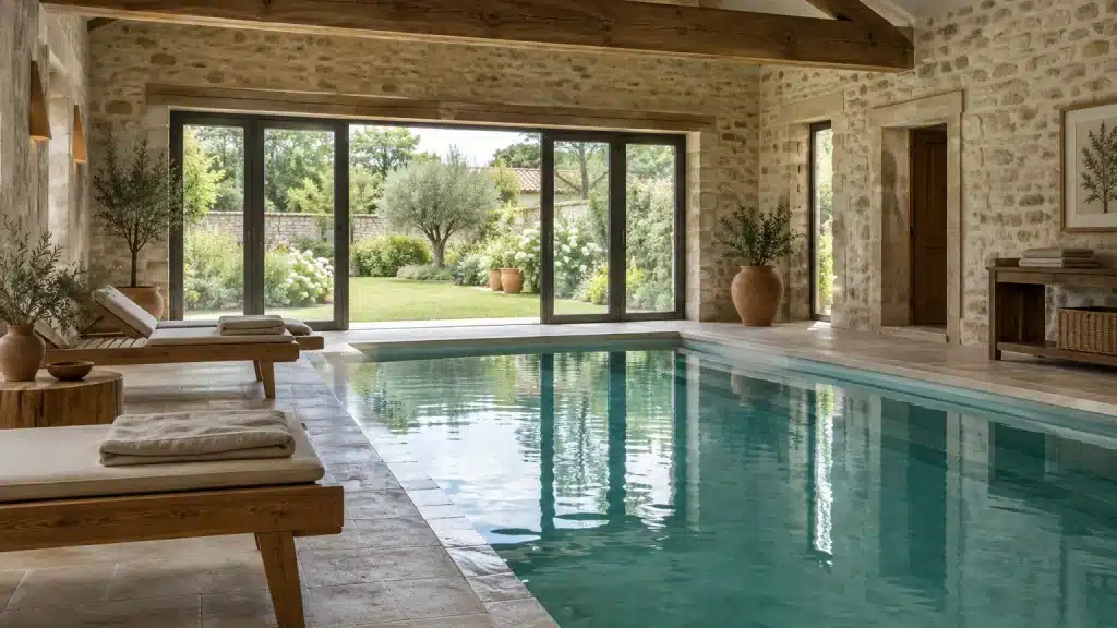 Piscine intérieure chauffée d'un gîte en pierre, avec baies vitrées sur le jardin