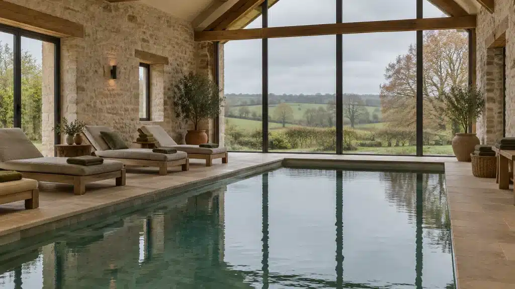 Piscine intérieure dans une grange en pierre aménagée, face au bocage