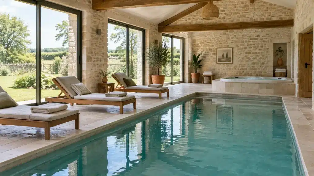 Piscine intérieure lumineuse d'un gîte en pierre avec jacuzzi et transats en bois