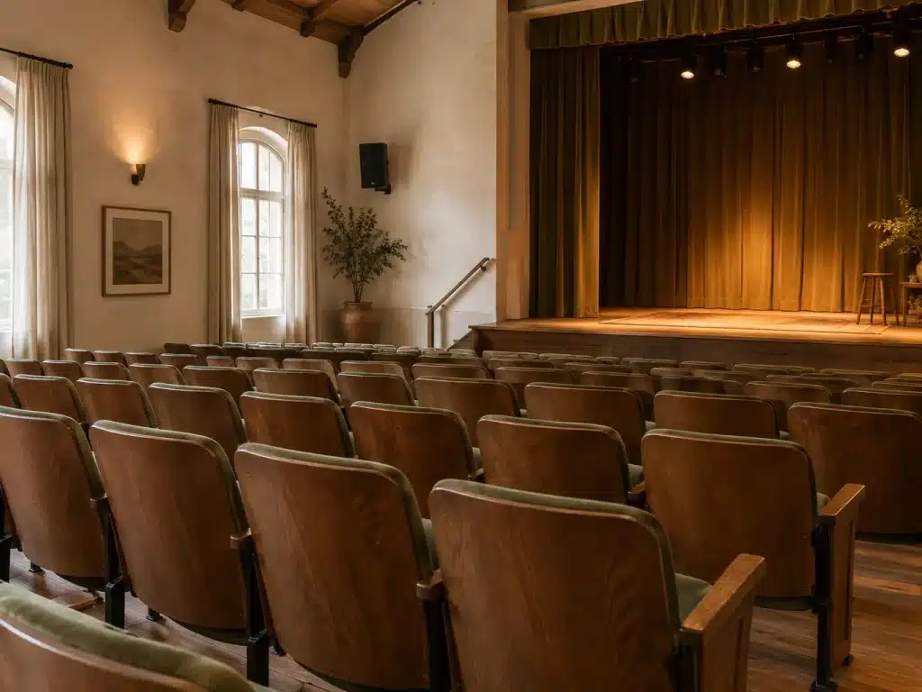 Rangées de fauteuils d'une salle de spectacle éclairée par une lumière chaude
