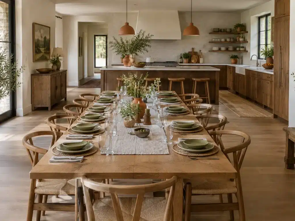 Salle à manger de gîte avec longue table en chêne dressée pour un grand groupe