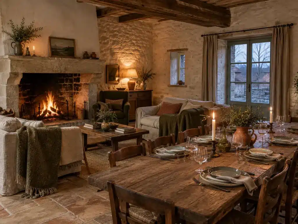 Salon de gîte avec cheminée allumée et grande table en bois en hiver