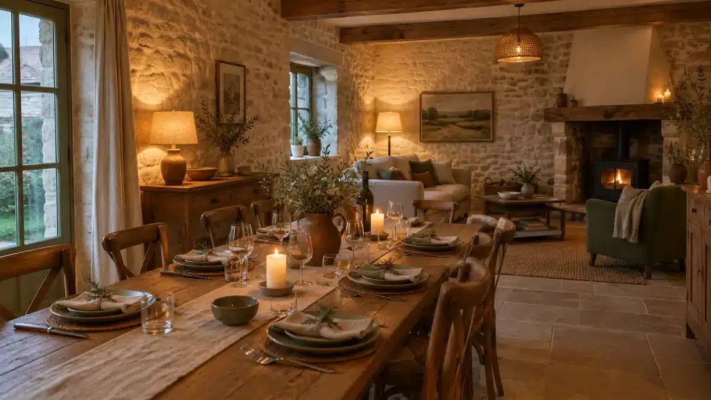 Séjour d'un gîte vendéen avec grande table en bois préparée pour le dîner