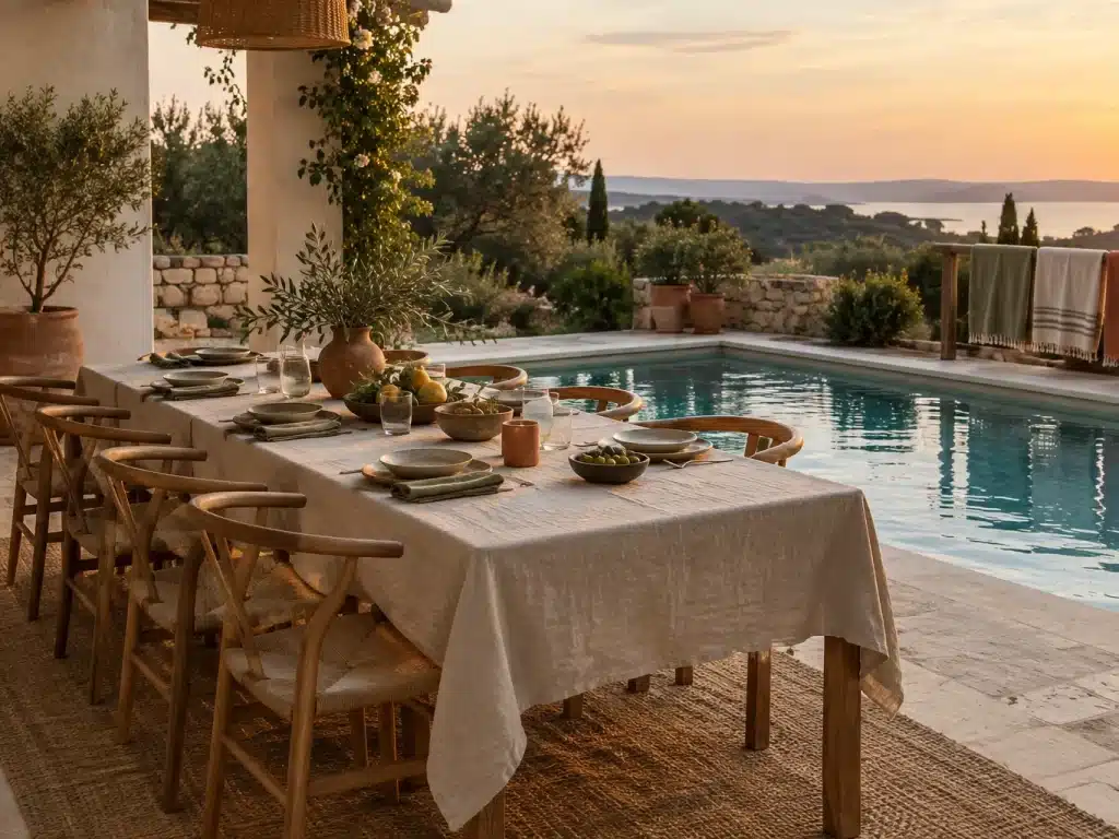 Table de terrasse dressée au bord de la piscine d'un gîte