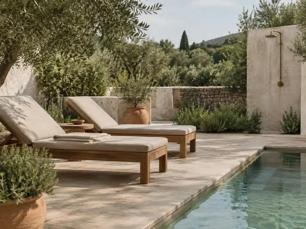 Terrasse au bord d'une piscine avec transats en bois et serviettes