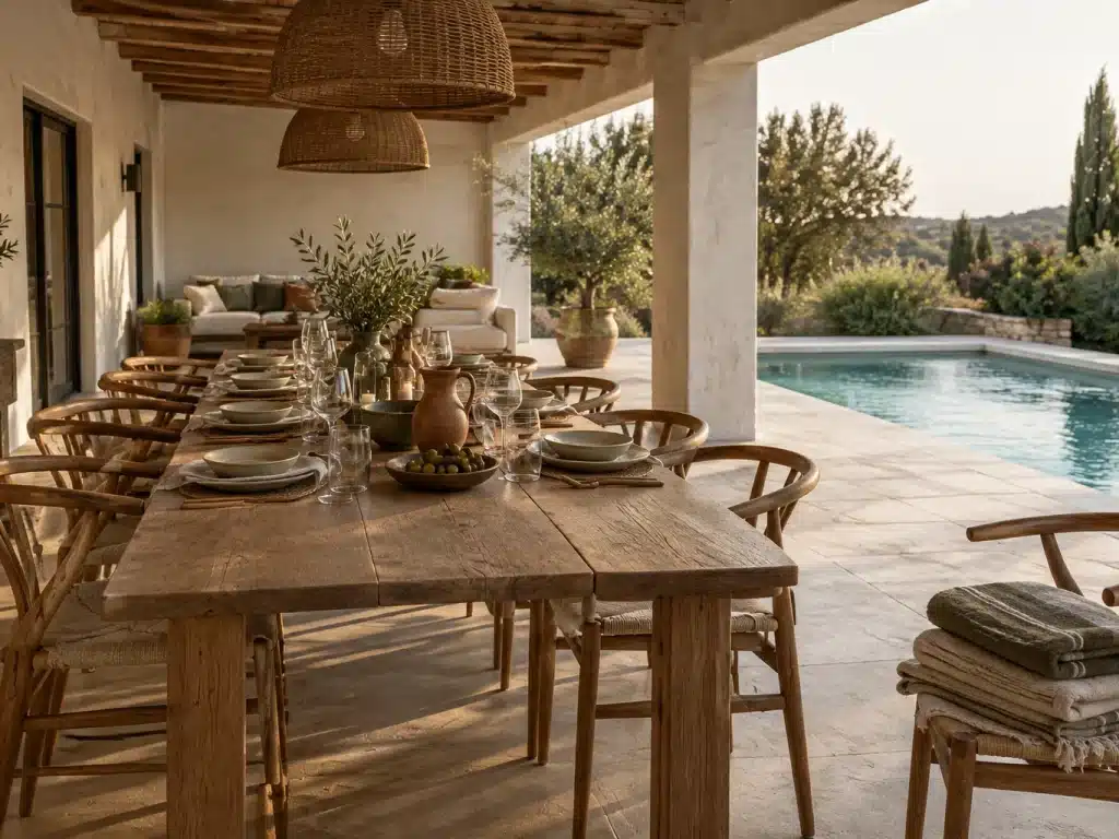 Terrasse avec grande table dressée au bord de la piscine d'un gîte