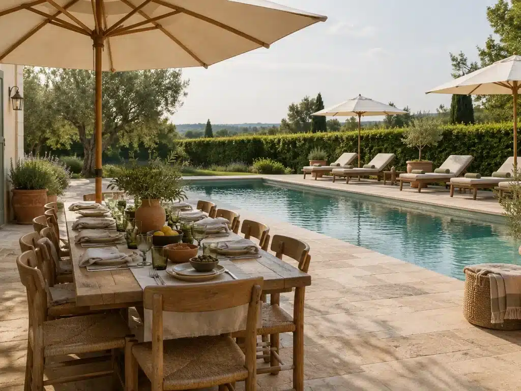 Terrasse de gîte avec grande table de groupe au bord de la piscine
