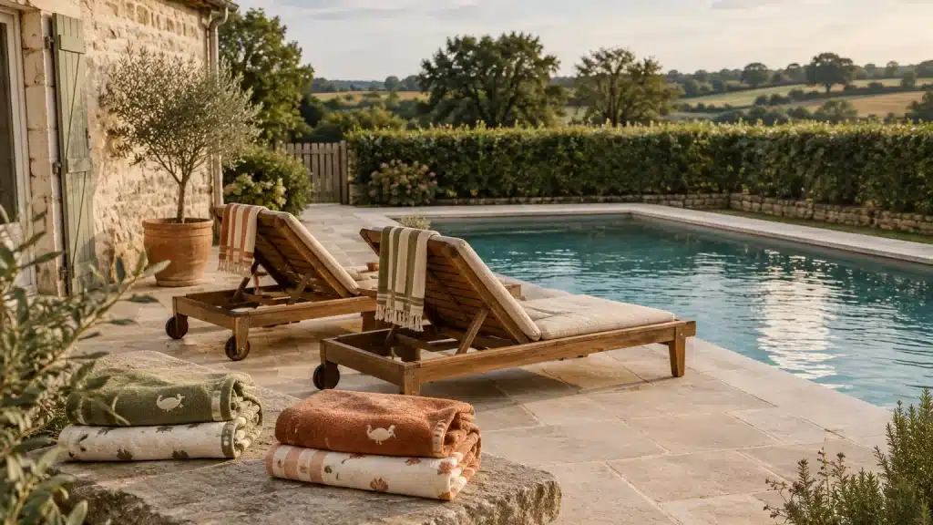 Transats en bois et serviettes au bord de la piscine d'un gîte en pierre